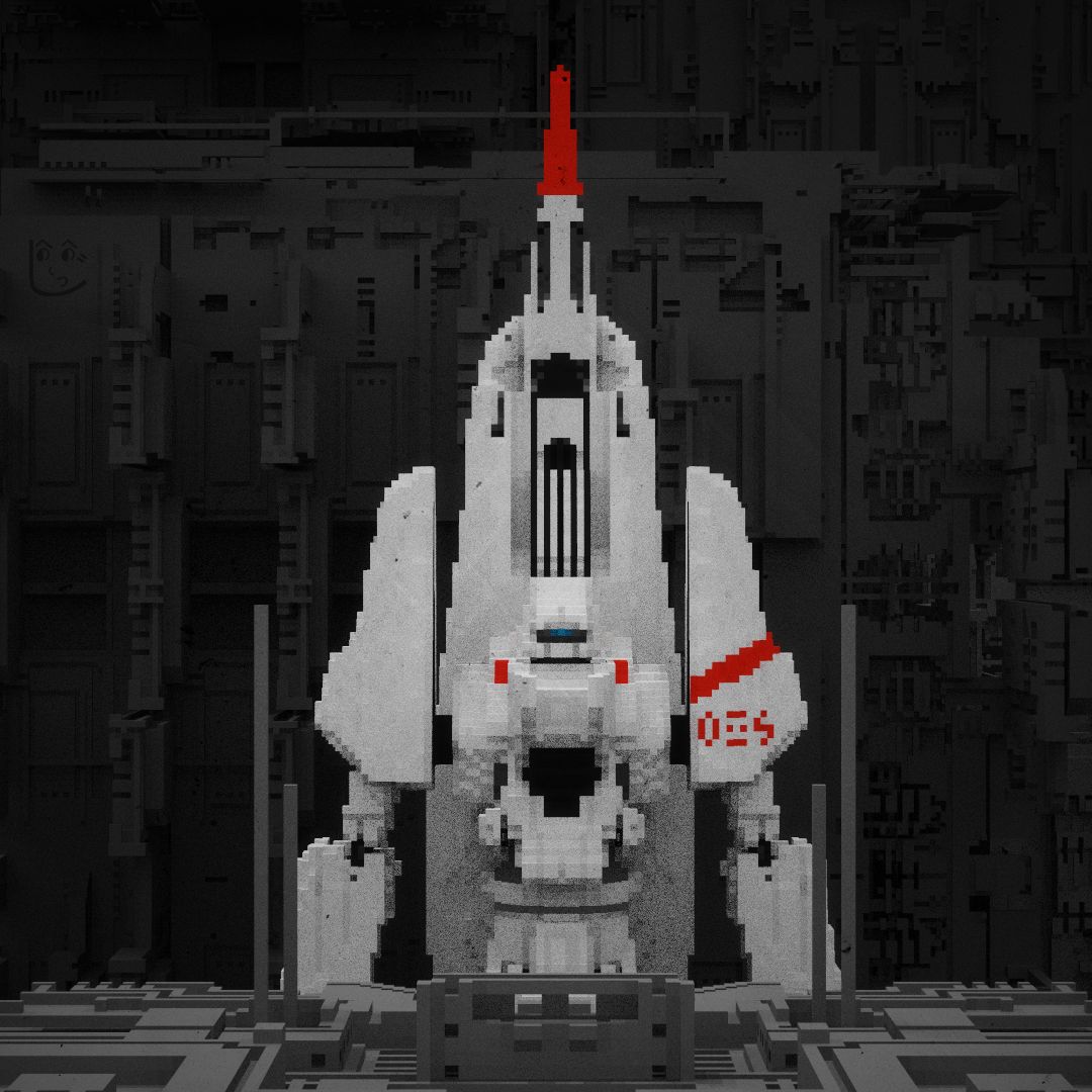 Voxel render of a white mech with red markings, standing in a dark hangar