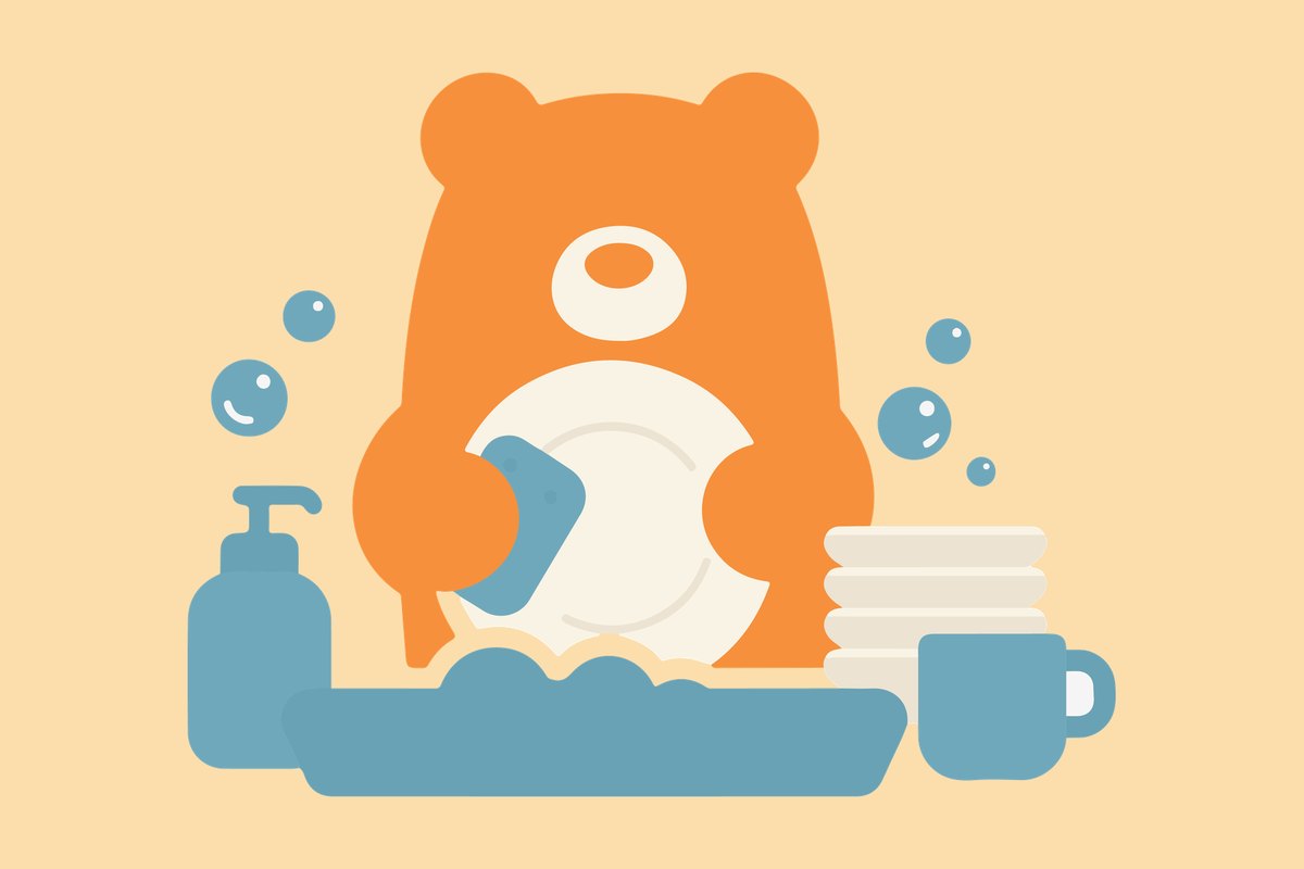 An orange bear washing a plate in a sudsy bowl, with a soap bottle, stacked plates and a mug