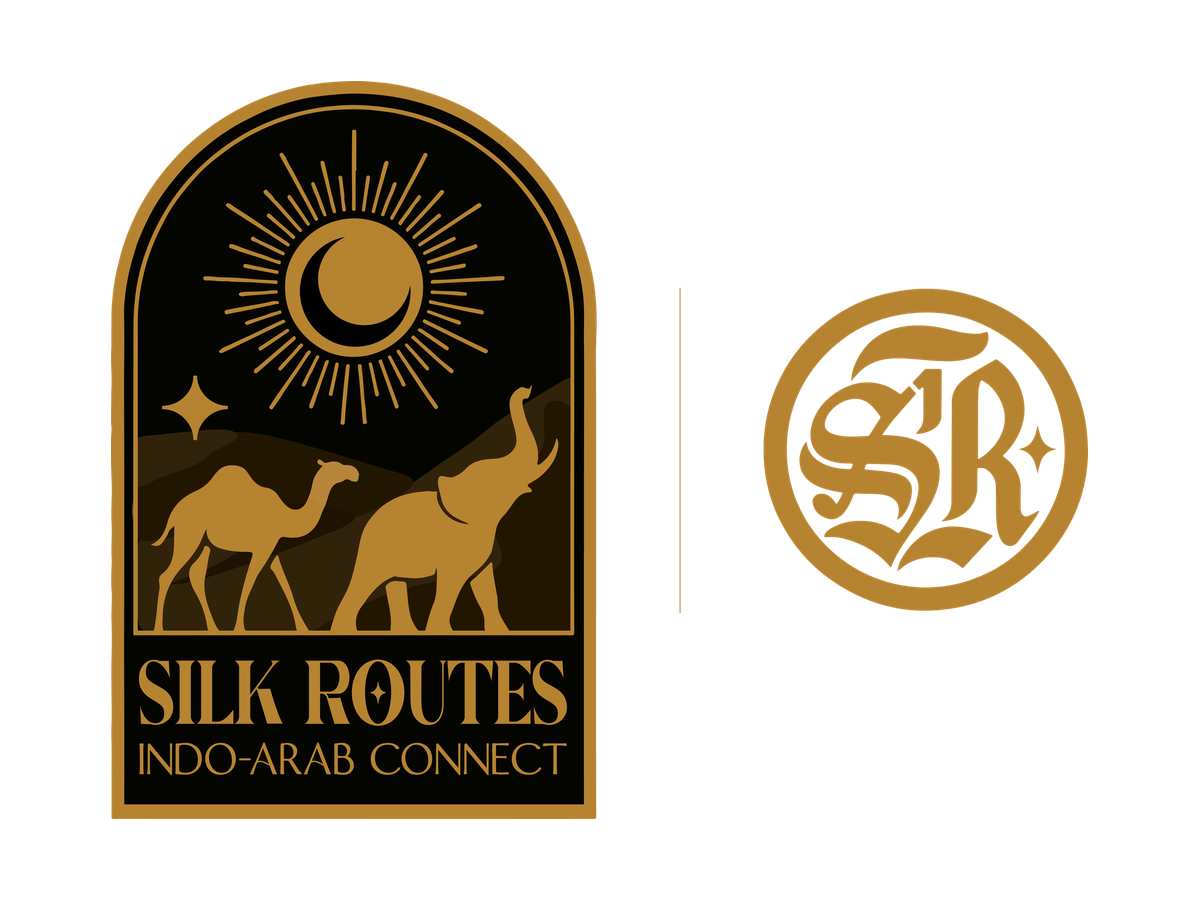 The Indo-Arab Connect emblem, a camel and an elephant under a crescent sun in a gold arch, beside the Silk Routes S·R monogram