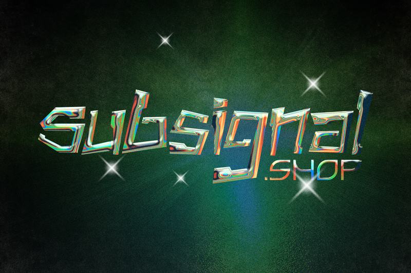 Iridescent chrome letters on a green haze with sparkles