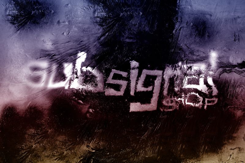 The wordmark seen through frosted glass, violet fading to rust
