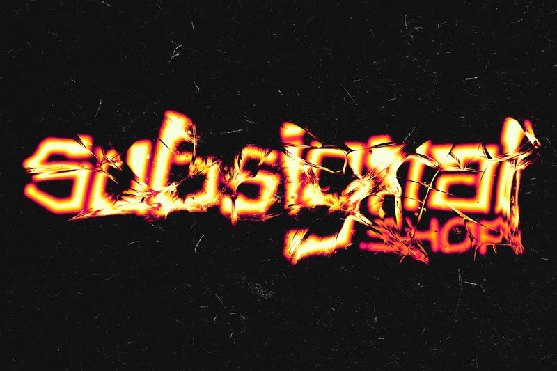 Fire-orange letters cracking like hot glass on black