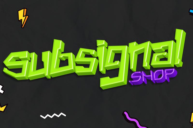 Lime 3D block letters with a purple “.shop” and doodles on charcoal