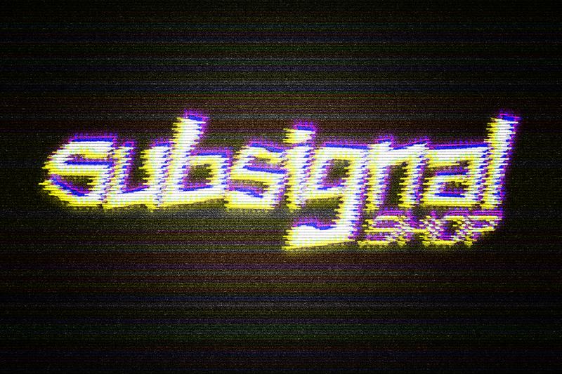 Yellow and violet letters glitching through VHS scanlines