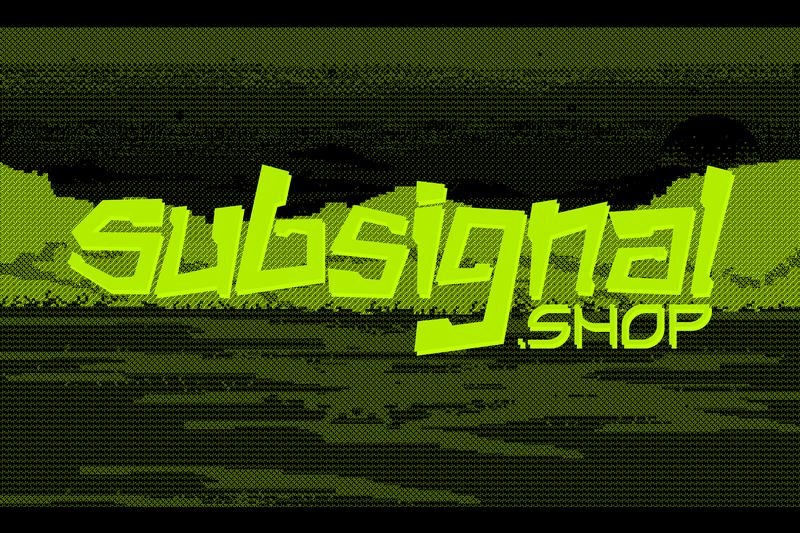 Lime letters over a dithered lime landscape