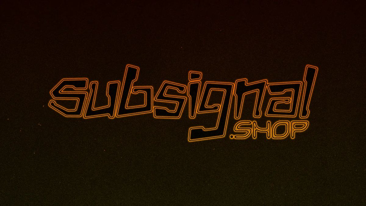 The Subsignal wordmark as a dim orange neon outline on a brown dusk gradient