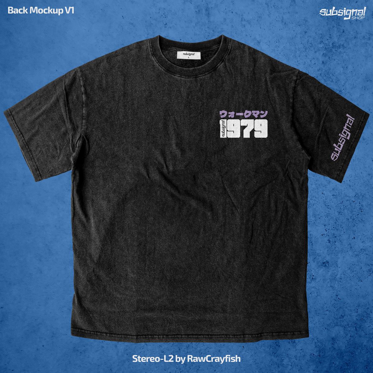 Stereo-L2 tee front: a small “1979” chest print with the wordmark set vertically, and the wordmark down the sleeve