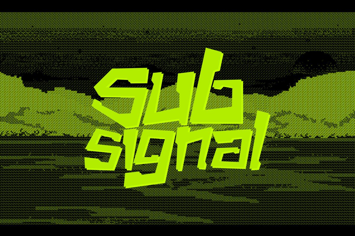The stacked “Sub signal” teaser over the dithered lime landscape