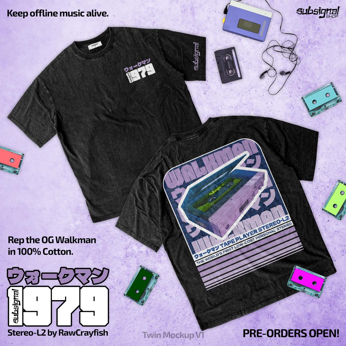 Stereo-L2 tee shown front and back on a lilac background scattered with cassettes and a Walkman, with “Pre-orders open!”