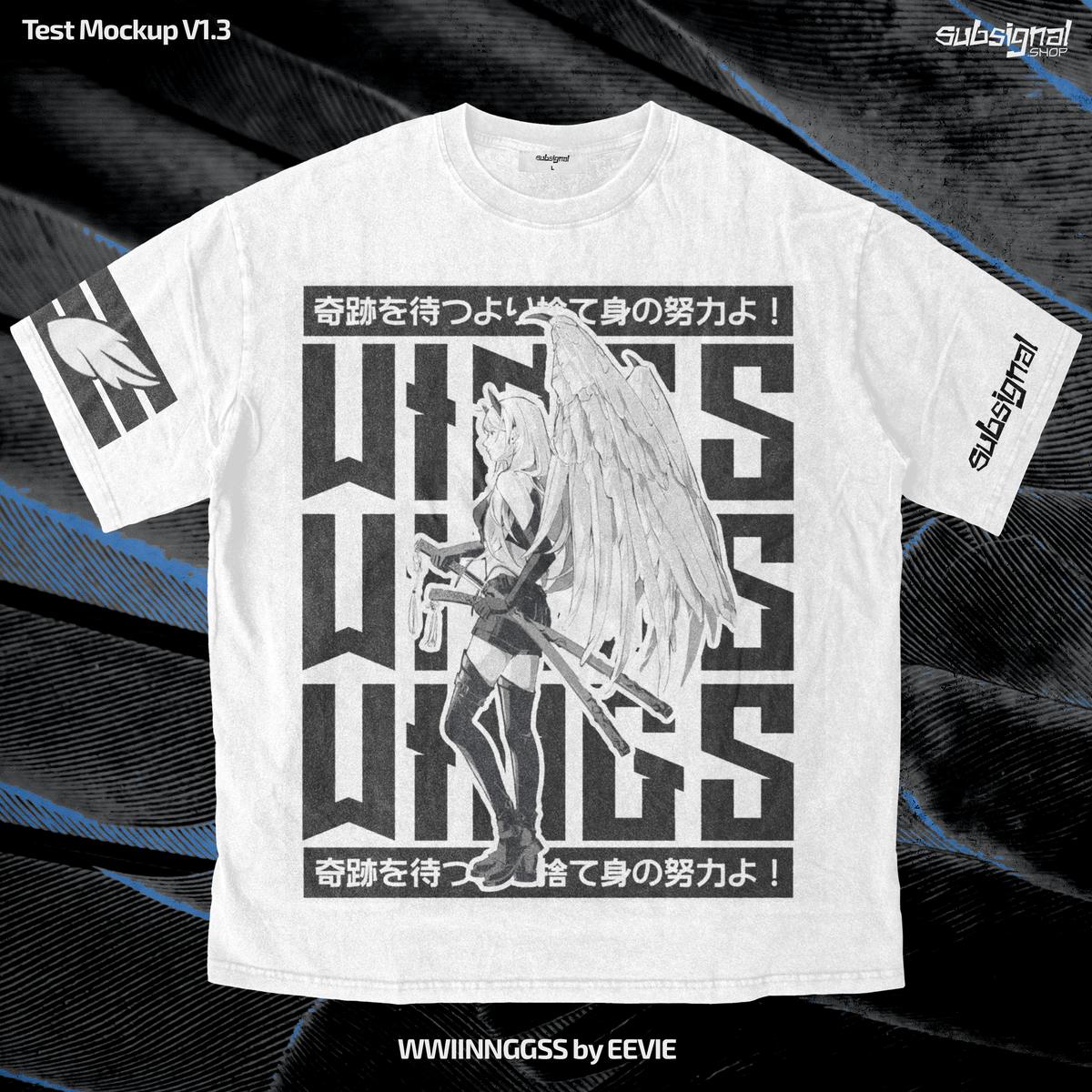 WWIINNGGSS tee: a winged swordswoman over stacked “WINGS” type on a white tee, with the wordmark on the sleeve